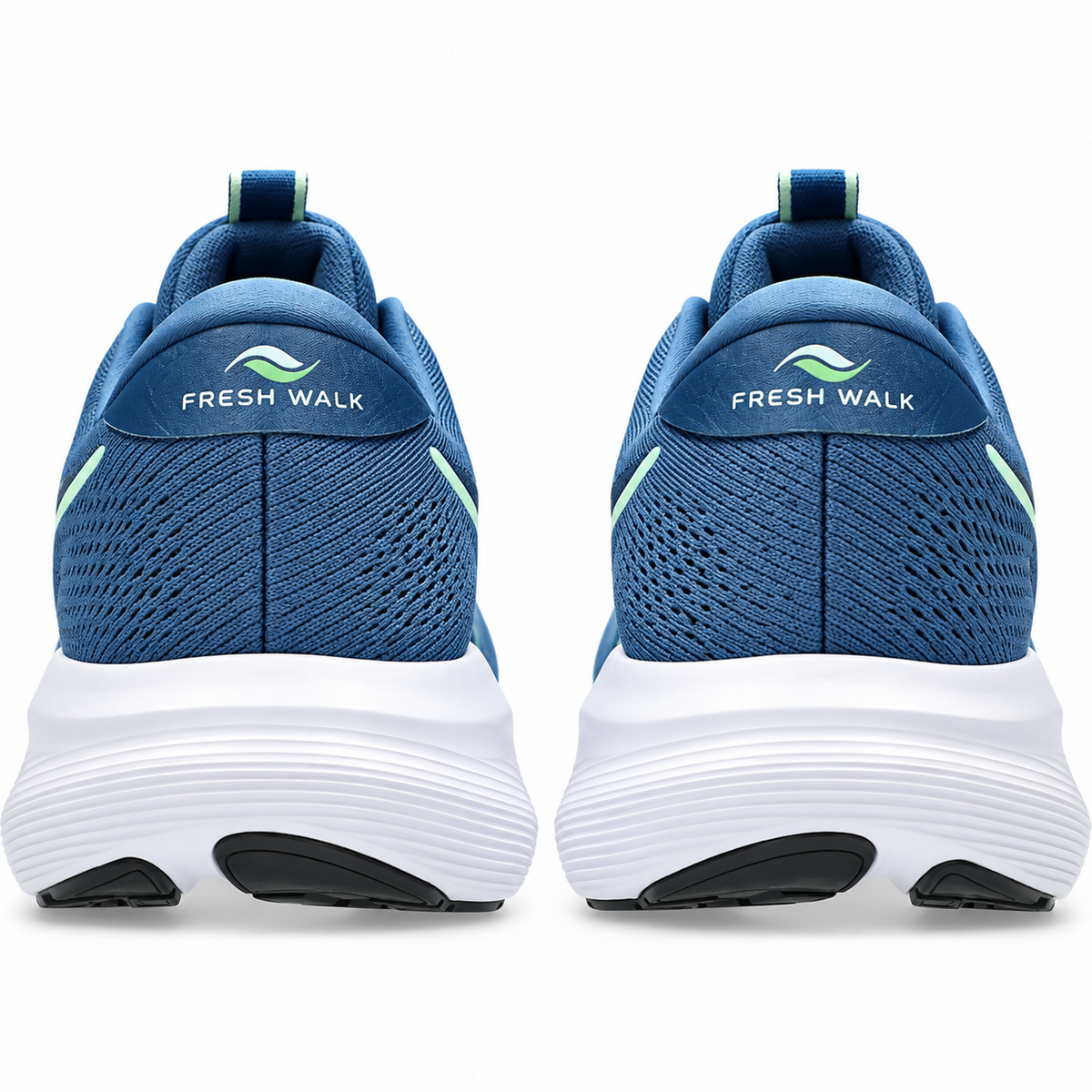 Fresh Walk men's blue and lime green running shoe rear view