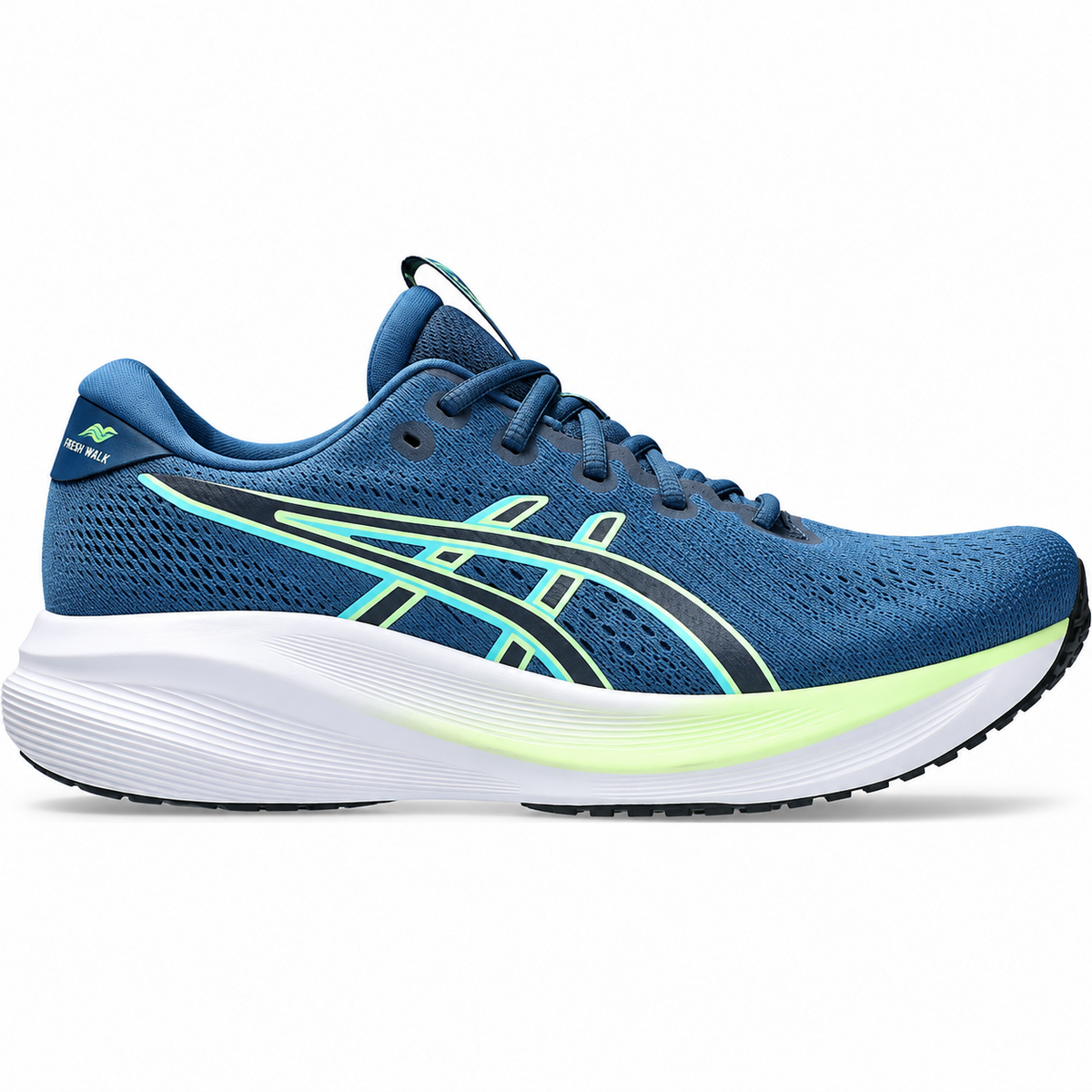 Fresh Walk men's blue and lime green running shoe opposite side view