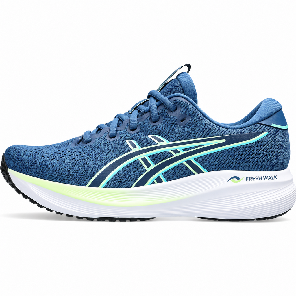 Fresh Walk men's blue and lime green running shoe side view