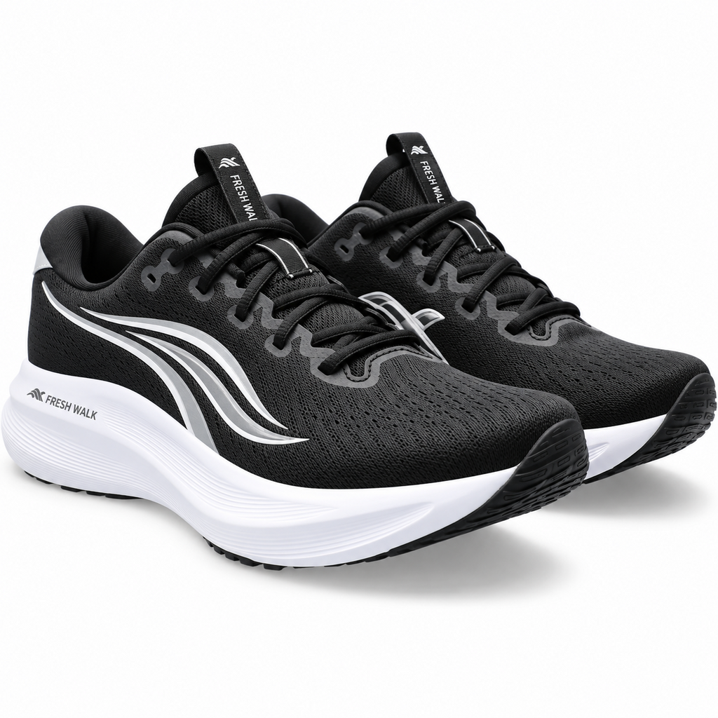 Fresh Walk CloudRun Pro Black and White Running Shoes three-quarter view